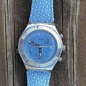 Swatch Irony Stainless Steel Blue Pebbled Leather Watch